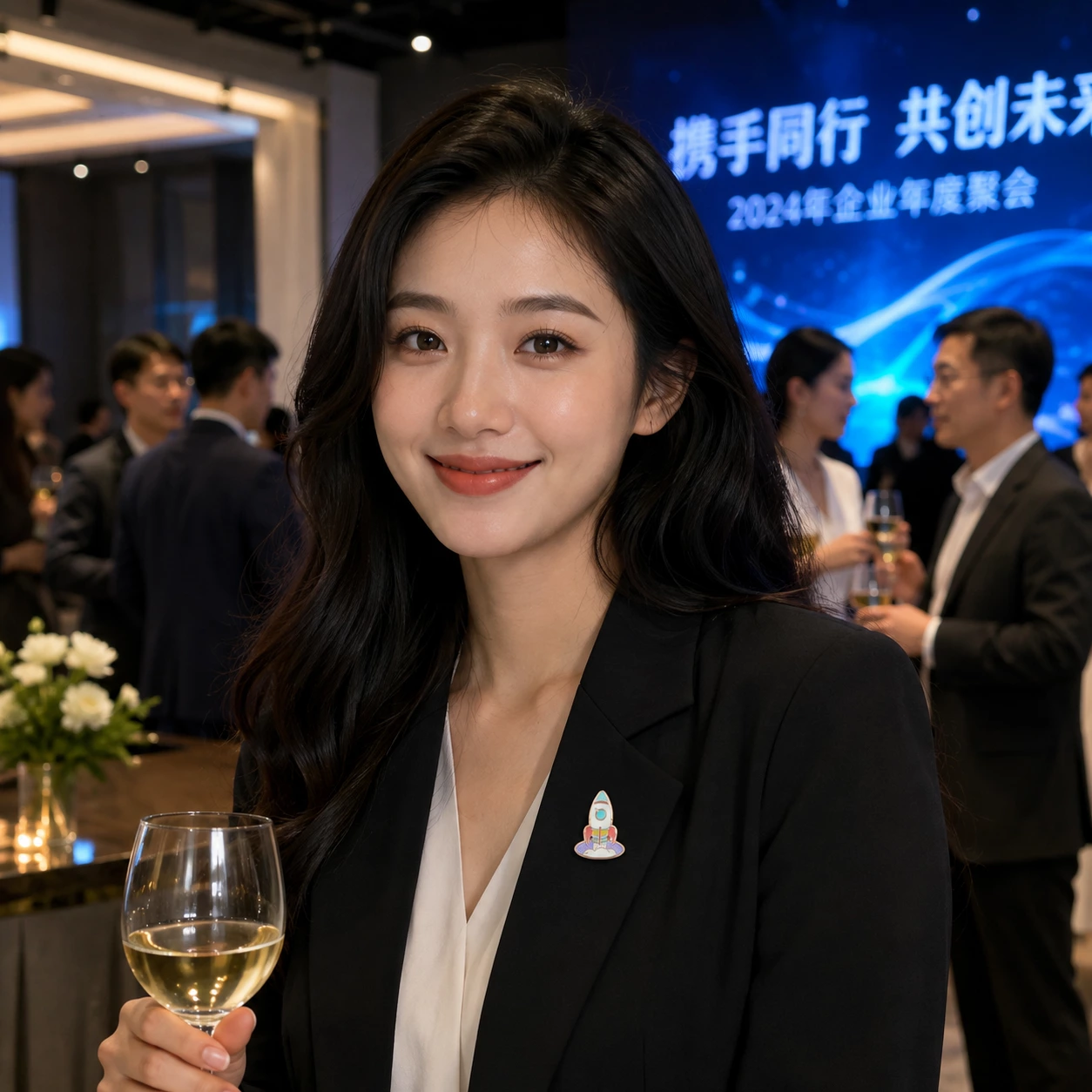 Business event: Beautiful woman wearing a hard enamel lapel pin