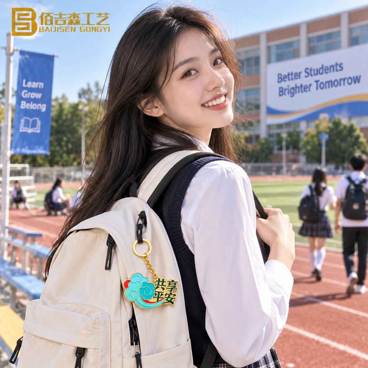 Students wearing branded keychains